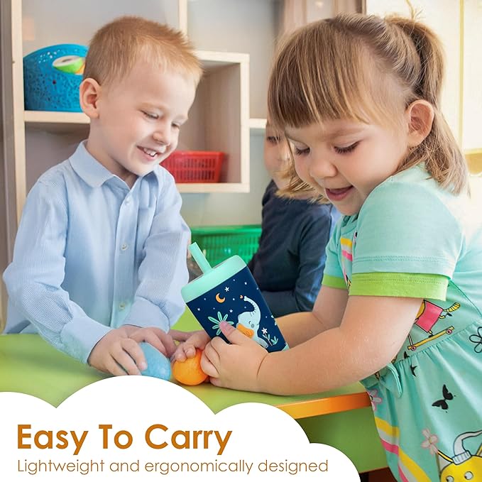 Kid Insulated Stainless Steel Tumbler with Silicone Straw, 12oz Sippy Cup for Kids (Dreamy Elephant)