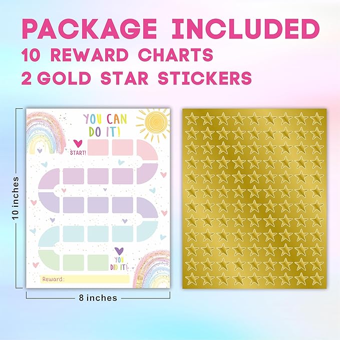 10 Reward Chart with 206 Golden Star Stickers-Boho Rainbow Theme -Incentive Chart,Positive Behavior Reward Chart for Kids,Toddler Homework Assignments, Attendance(8"X10")-A03