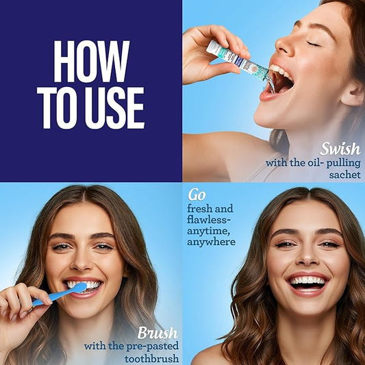 GuruNanda Travel-Ready Oral Care Bundle – 70ct Disposable Pre-Pasted Toothbrushes & 7 Coconut Oil Pulling Sachets for Fresh Breath & Clean Smiles on The Go