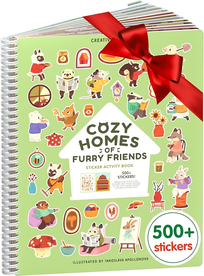 Cozy Homes of Furry Friends Sticker + Coloring Book (500+ Calendar Stickers for Kids & 12 Coloring Pages) Side by Side Activity Book, Fun Sticker Books, Boys & Girls Ages 2-4 4-8, 8-10