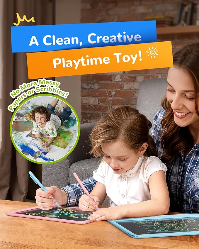 KOKODI LCD Writing Tablet, 12 Inch Colorful Toddler Doodle Board Drawing Tablet, Erasable Reusable Electronic Drawing Pads, Educational and Learning Toy for 3-6 Years Old Boy and Girls(Pink)