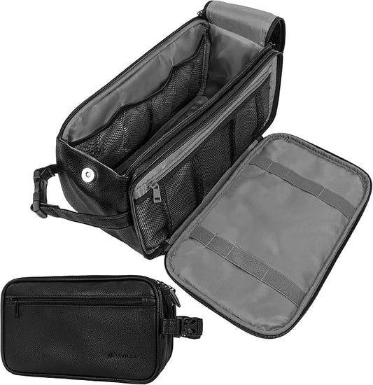 PAVILIA Toiletry Bag for Men, Travel Essentials Shaving Dopp Kit, Mens Travel Bag Toiletries Organizer Case for Grooming, PU Leather Water Resistant Cosmetic Bag Pouch (XL, Black)