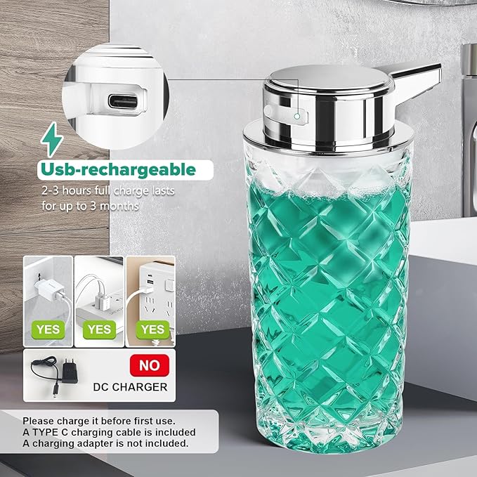 Automatic Soap Dispenser Liquid for Kitchen: 11 OZ Glass Touchless Clear Auto Soap Dispenser for Bathroom - Hand Dish Lotion Home Countertop Kids - Family Couple