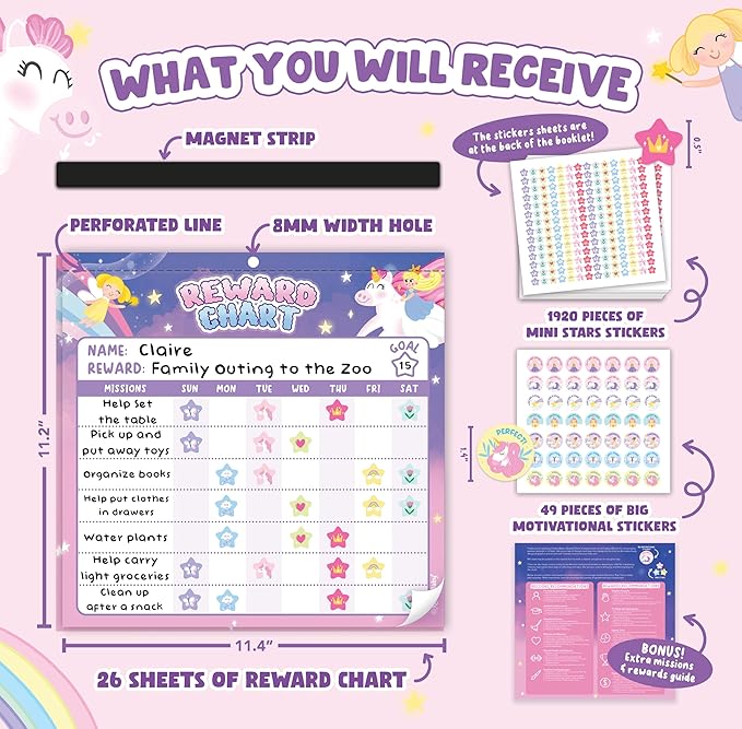 Reward Chart for Kids - 11.4" x11.2" with 1,920 Mini Stickers,49 Big Motivational Stickers, Behavior Chart for Kids at Home, Magnetic Chore Chart, Chore Chart for Kids (Unicorn & Princess)
