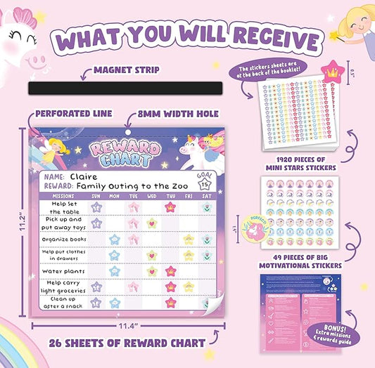 Reward Chart for Kids - 11.4" x11.2" with 1,920 Mini Stickers,49 Big Motivational Stickers, Behavior Chart for Kids at Home, Magnetic Chore Chart, Chore Chart for Kids (Unicorn & Princess)