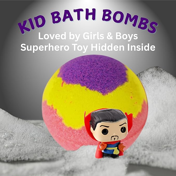EvolutionUSA 1pc Epic Superhero Bath Bombs for Kids, Super Hero Bath Bomb with Toy Inside, Lush Childrens Bathbomb, Organic Bathbomb with Surprise Inside, Fizzy Fun Superhero Bath Ball Bath Toy