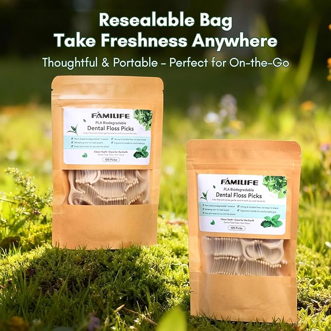 FAMILIFE Eco-Friendly Floss Picks (200Pcs) - Plant Based Dental Floss Picks with Strong Toughness, Natural Tooth Picks Flossers for Adults Daily Oral Cleaning & Gentle Gum Care, Mint Flavor