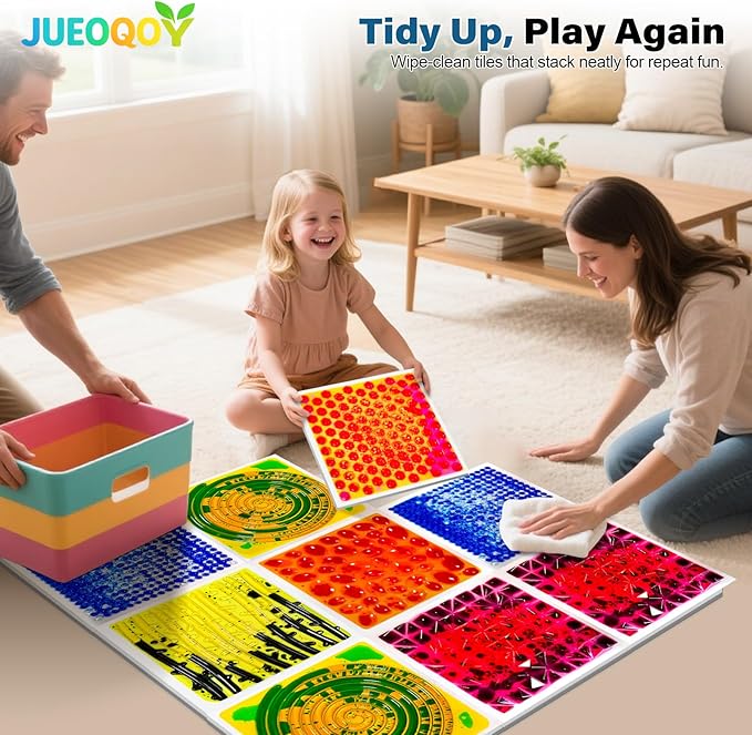 Liquid Sensory Floor Tiles for Kids Ages 3+, 12" Textured Step-On Tiles with Non-Slip Base, Interactive Color-Flow, Assorted Colors, Classroom Sensory Path Set (6-Pack)