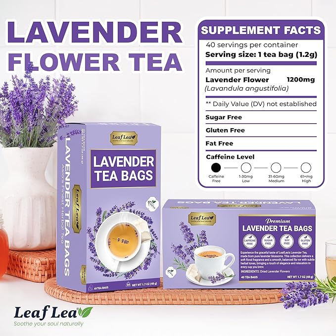 LeafLea 80 Premium Lavender Tea Bags, 100% Natural & Pure from Lavender Flowers, Nighttime Comfort & Digestive Support, Floral Aroma and Smooth Taste, Caffeine-Free, Sugar-Free, Individually Wrapped