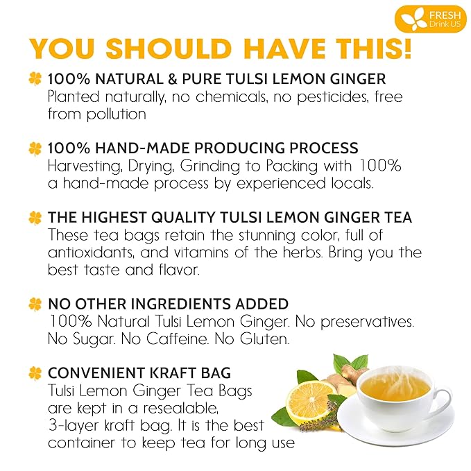 FreshDrinkUS, Premium 55 Tulsi Lemon Ginger Tea Bags, 100% Natural & Pure from Tulsi Holy Basil Leaves, Lemon and Ginger. Made with Natural Material Tea Bags. No Sugar, No Caffeine, Vegan.