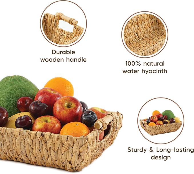 Greenatural Water Hyacinth Storage Baskets Set of 2, 15x10.75x5 in Handwoven Rectangular Organizers with Wooden Handles, Wicker Baskets for Shelf, Bathroom, Kitchen, Office, Natural Home Decor