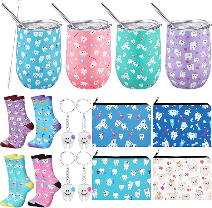 16 Pcs Dental Hygienist Gifts Bulk Include12 oz Teeth Stainless Steel Tumbler Cosmetic Bag Tooth Shape Keychain Tooth Socks Dental Assistant Gifts for Nurse Graduation Accessories
