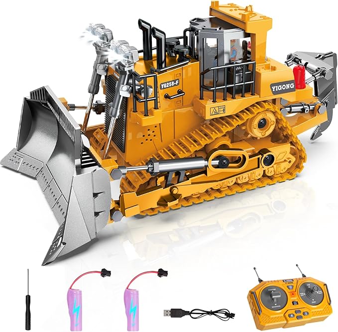 Remote Controlled Bulldozer, 9-Channel Metal RC Construction Vehicle Toy with Lights, Sound, and Rechargeable Battery, Remote Controlled Bulldozer Toy Gift for Kids Boys Girls Aged 4-12 (2.4 GHz)