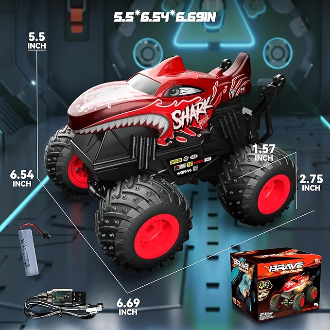 BEZGAR Monster Truck Toys - Remote Control Monster Truck with Light & Music, Dinosaur Toys for Kids, 1:20 Scale RC Truck with 360° Spins and Drifting, Remote Control Car for Boys 4-7 Red