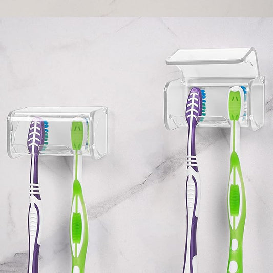 2 PCS Toothbrush Holder Wall Mounted with Cover for Bathroom, 2 Slots Toothbrush Storage Organizer for Shower, Self Adhesive Toothbrush Hanger Rack for Dorm, Cabinet (Clear)