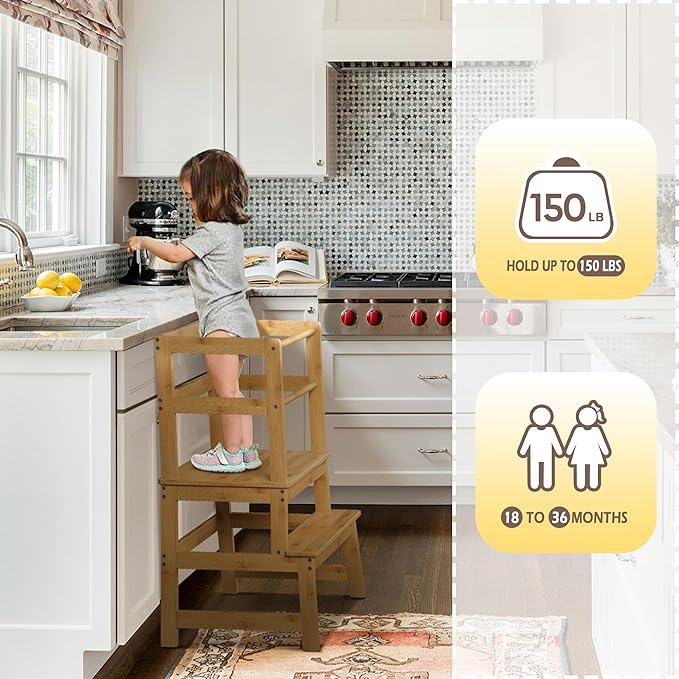 Kitchen Step Stool for Toddlers with Safety Rail, Wooden Toddler Standing Tower Kids Montessori Learning Stool Helper with A Anti-tip Structure for Kitchen Bathroom, Anti-Slip, Natural
