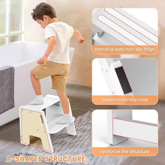 Toddler Step Stool, Wooden Height-Adjustable 2-Step Stool for Kids, Potty Training Stool with Handles for Bathroom Sink, Kitchen, Bedroom-White