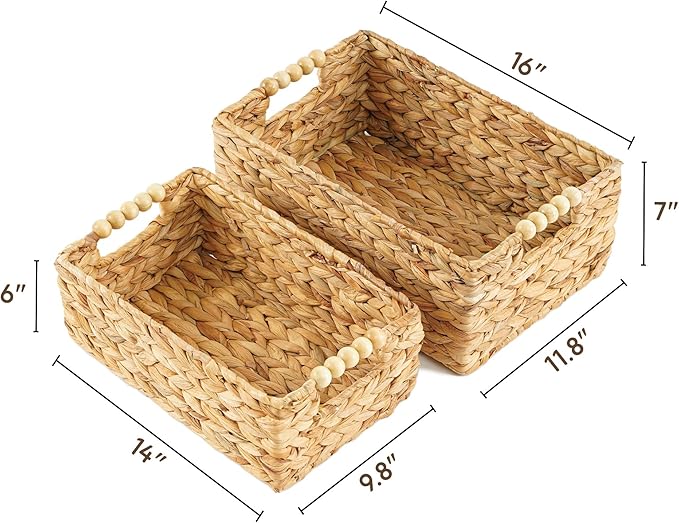 Greenatural Water Hyacinth Storage Baskets Set of 2, Handwoven Rectangular Organizer Trays with Wooden Bead Handles, Nested Wicker Bins for Shelf, Bathroom, Kitchen, Office, Natural Decor