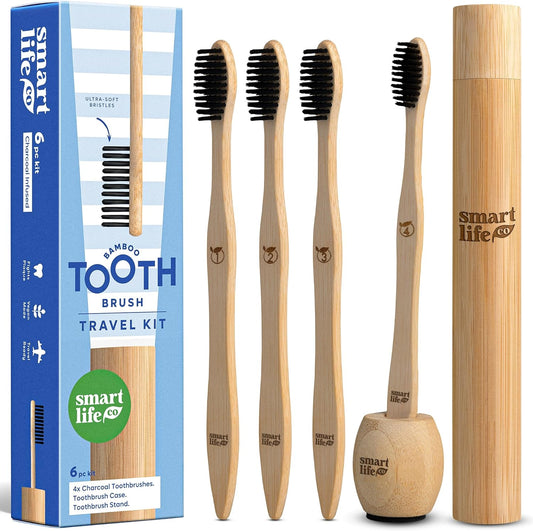 Bamboo Charcoal Toothbrushes (4 Pack) with Travel Case & Stand - Extra Soft Bristles for Adults & Kids Teeth | Zero Waste Travel Toothbrush Kit | Natural Eco-Friendly Wooden Brush Holder Cover