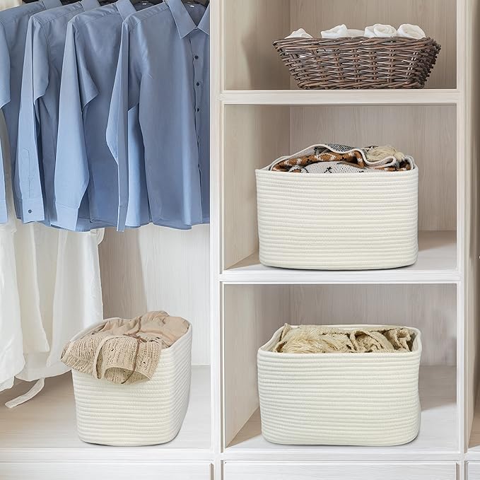 Cotton Rope storage Basket Bins Woven Basket for Organizing Shelves 14.5X9.5X9.3" Rectangle Decorative Baskets For storage Clothes Toys Books Towels Nursery basket organizer 3 pack white
