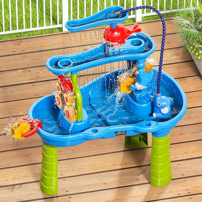 3-Tier Water Table with Pump for Toddlers Kids Ages 3-5 4-8, Outdoor Water and Sand Table Beach Toys, Toddler Activity Sensory Water Sand Table with Rain Showers Splash Pond for Kids Boys Girls