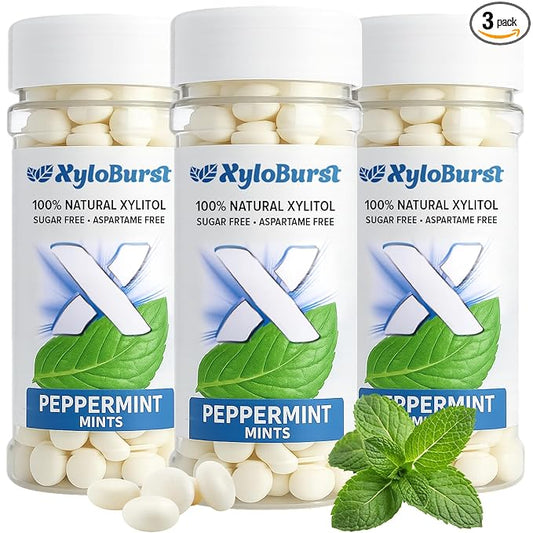 XyloBurst - Xylitol Mints | Sugar Free Breath Mints for Oral Health | Gluten Free, Vegan, Keto Friendly | Aspartame Free Mint | Peppermint | 200 Count Jar, 3-Pack