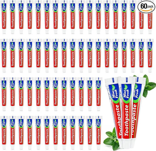 60 Tubes Bulk Travel Size Mini Toothpaste, 0.35 oz Disposable Mint Flavor Pocket Teeth Paste Small Essential Toothpaste for Travel, Home/Hotel/Guests/Charity/Homeless/Camping Oral Care (Single Use)