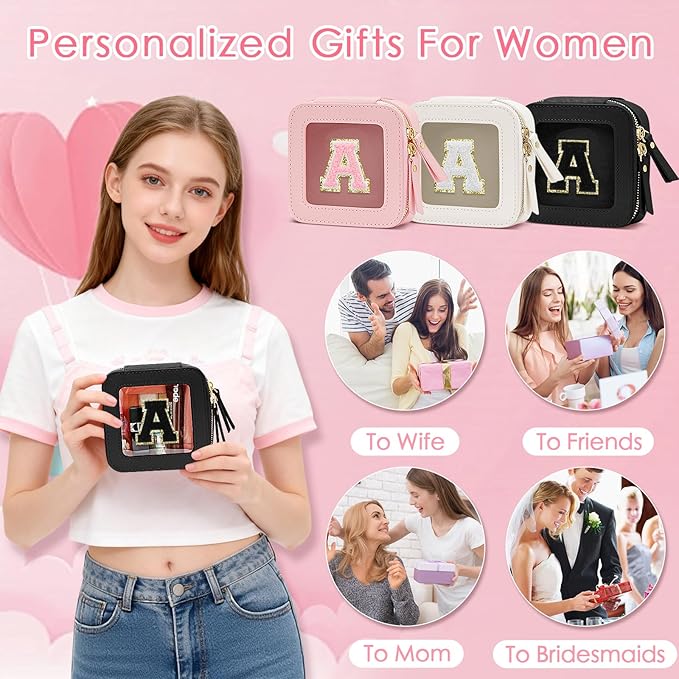 Initial Travel Toiletry Bag - Cosmetic Bags for Girls with Zipper, Clear & Potable Girls Makeup Bag for Travel, Small Cosmetic Pouch Perfect Gifts for Graduation (Black, A)