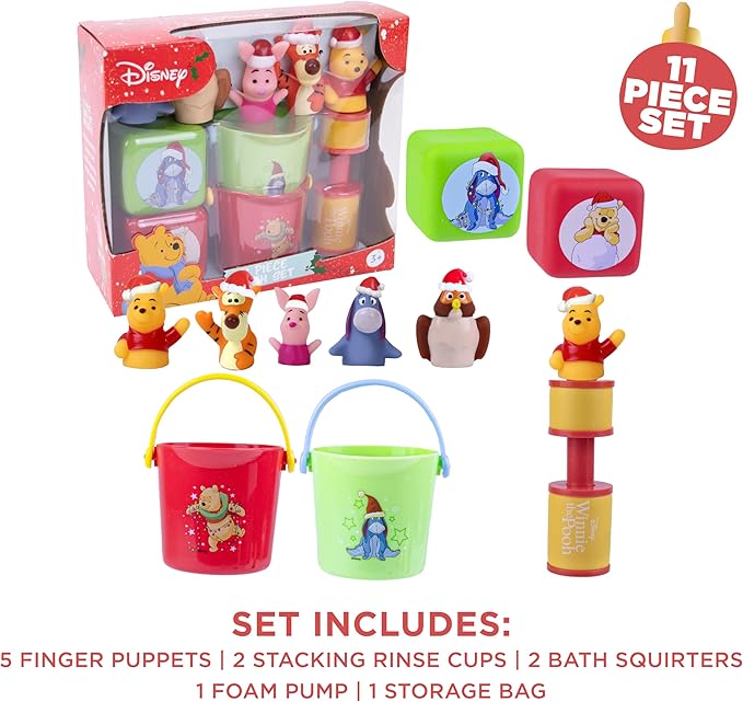 Disney Holiday Winnie The Pooh Bath Toys - 11 pc Bath Value Set, Bath Toys, Finger Puppets, Rinse Cups, Foam Pump, Bath squirters