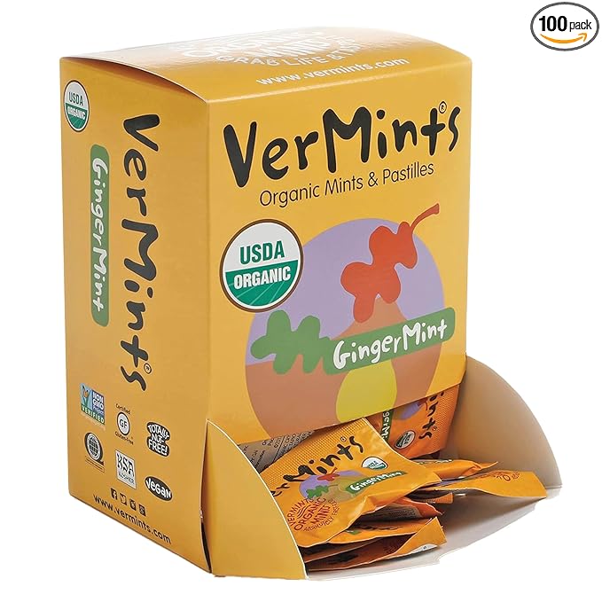 VerMints Organic Breath Mints GingerMints – Real Ginger Flavored Candies - Individually Wrapped Travel Size - Non-GMO, Nut Free, Gluten Free, Vegan, Kosher & Organic Candy Mints - 100 Packets