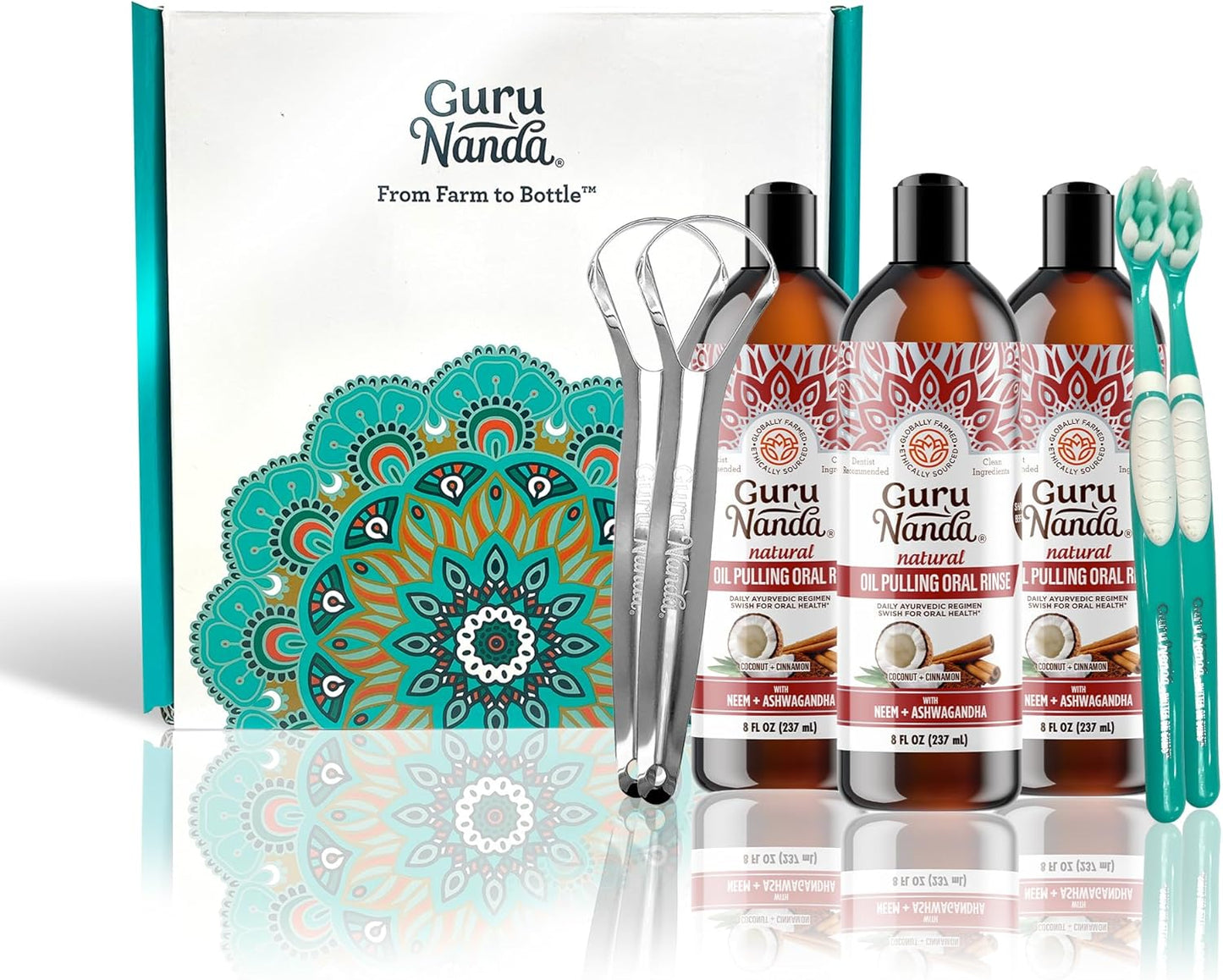 GuruNanda Cinnamon Oil Pulling Mouthwash, Promotes Calmness, with Neem & Ashwagandha for Fresh Breath & Happy Gums, Alcohol-Free, with Toothbrush & Tongue Scraper, 3X8 Oz