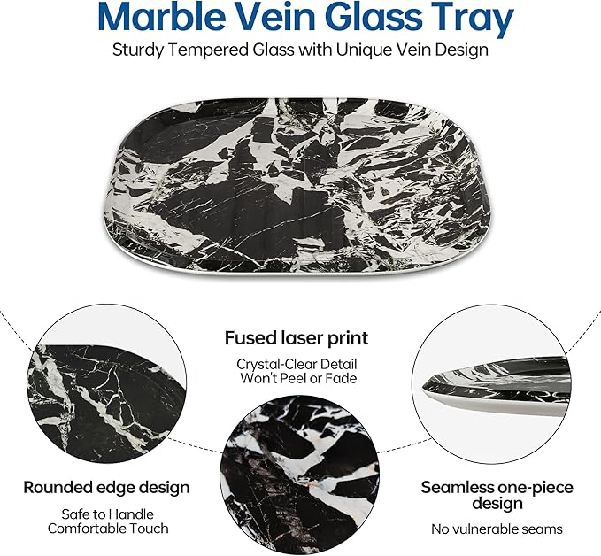 Vanity Decorative Tray, 12" x 12" Black Marble Pattern Perfume Tray, Bathroom Tray Countertop Organizer for Soap Towel, Jewelry, Candle