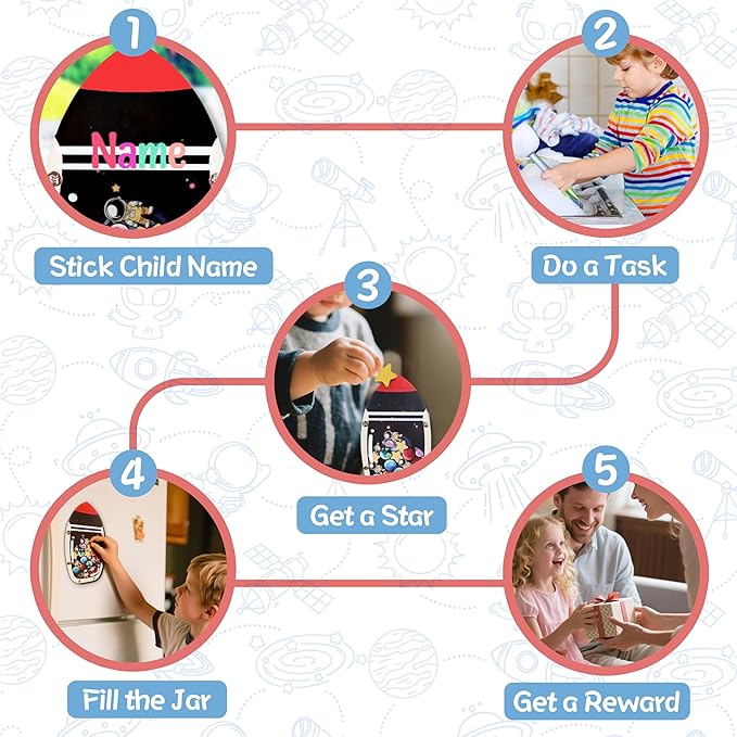 Magnetic Reward Jars for Kids - Space Explorer Rocket Reward Jar with Colorful Letter Stickers | Kids Behavior & Chore Chart for Classroom Incentives, Home, and Potty Training（33 PCS)