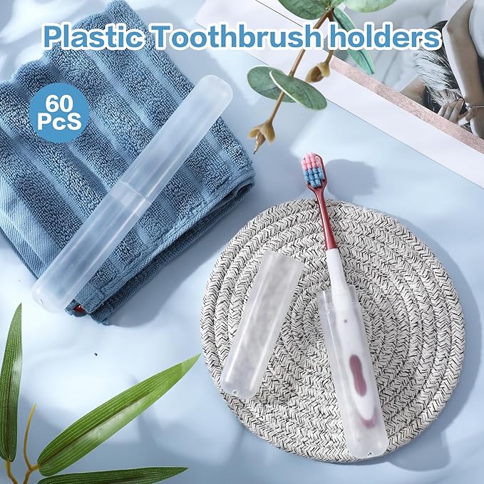 DIVINA VITAE 60Pcs Travel Toothbrush Case Plastic Toothbrush Holder Protector Portable Toothbrush Holder Bulk Dust-Proof Tooth Brush Cover Cap for Travel Business Home Camping School(Clear)