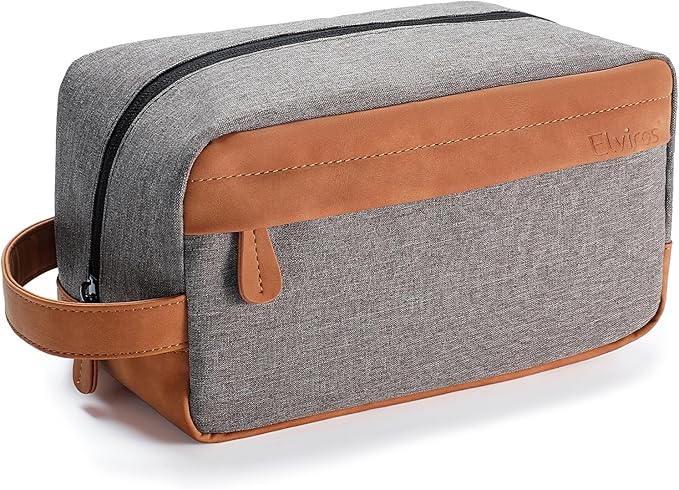 Elviros Travel Toiletry Bag for Men Hanging Dopp Kit Water Repellent PU Leather Shaving Bag with Large Capacity for Travel and Bathroom, Grey