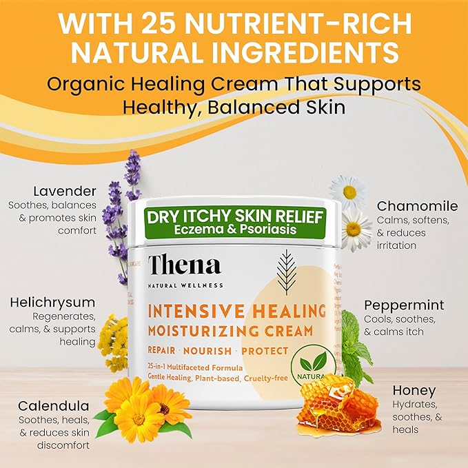 Thena Healing Cream Intensive Moisturizing Dry Irritated Itchy Skin Relief - Hydrates Soothes Nourishes Hands Body Scalp, Natural Moisturizer for Eczema Psoriasis Dermatitis, Adults & Kids