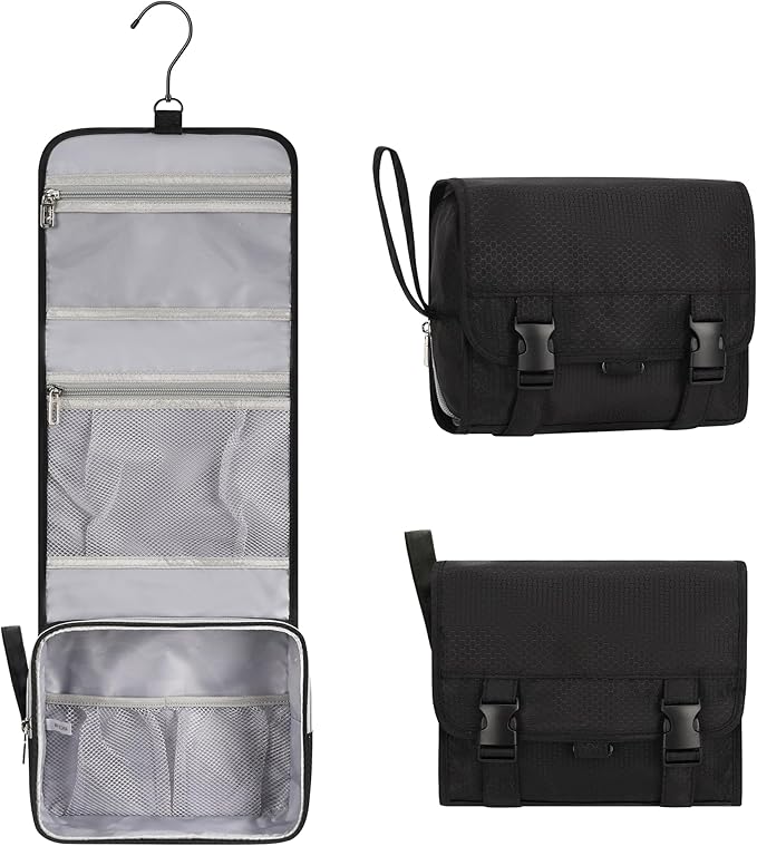 Small Hanging Toiletry Bag for Men and Women, Portable Hanging Organizer for Travel-Sized Shower Dopp Kit, Makeup Accessories, Waterproof Toiletries Organizer with 3 Compartments for Outdoor - Black