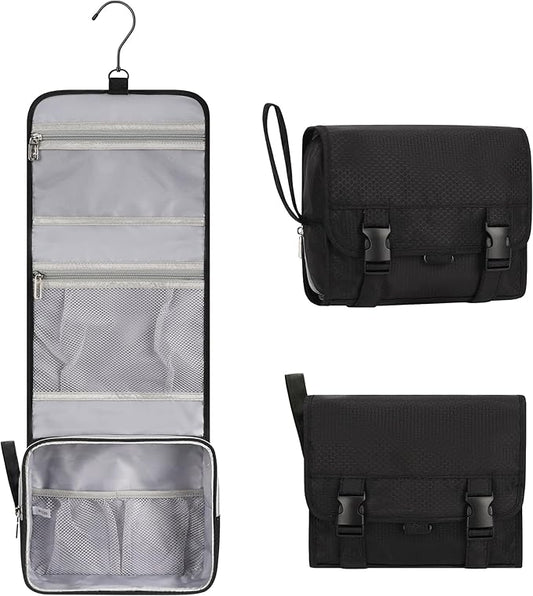 Small Hanging Toiletry Bag for Men and Women, Portable Hanging Organizer for Travel-Sized Shower Dopp Kit, Makeup Accessories, Waterproof Toiletries Organizer with 3 Compartments for Outdoor - Black