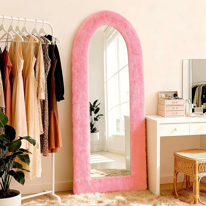 Fluffy Full Length Mirror Cover Universal Ultra Soft Non-Slip Border with Adhesive Tape Pink Fuzzy Frame Decor for Standing Mirror Bedroom Cloakroom Home Decor Women Gifts (pink, 59x16 inches)