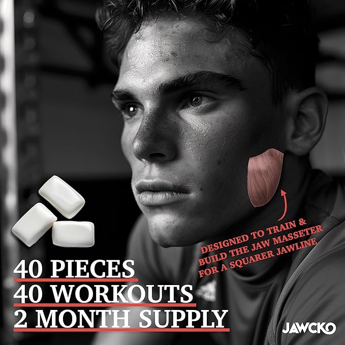 JAWCKO Ultra-Tough Jawline Chewing Gum | Get a Stronger, Squarer Jawline | Cinnamon Jaw Training Hard Gum | 15X Strength | Chisel, Sculpt, & Tone your Jaw | Facial Fitness Mewing Gum | 40 Pieces/Pack