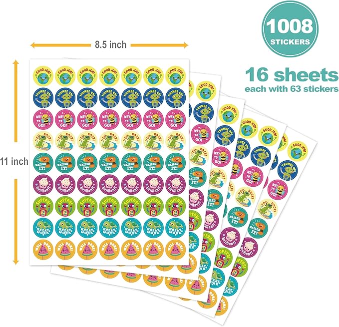 Gooji Small Reward Stickers for Kids, 1008 Pc. Sticker Pack for Teachers, Classroom, Small Motivational Class Supplies for Students, Boy Girl Toddler Good Job Incentive Behavior Preschool Kindergarten