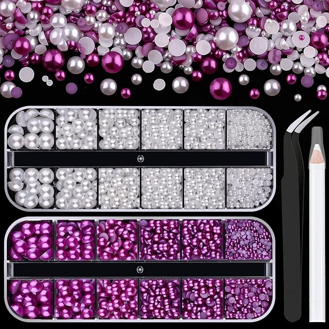 2 Boxes Flat Back Pearls Kit 3 Flatback White&Dark Purple Half Round Pearls 2-8mm with Pickup Pencil and Tweezer for Home DIY and Face Makeup and Craft