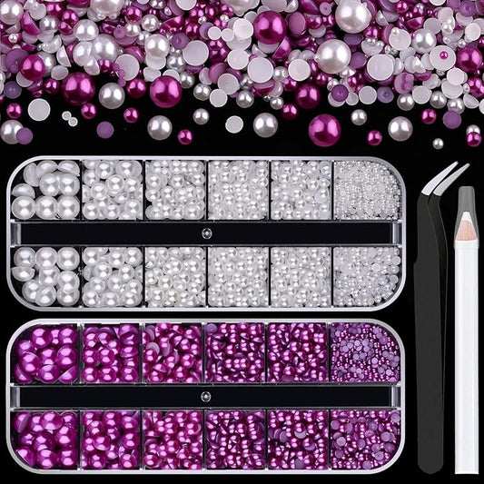 2 Boxes Flat Back Pearls Kit 3 Flatback White&Dark Purple Half Round Pearls 2-8mm with Pickup Pencil and Tweezer for Home DIY and Face Makeup and Craft