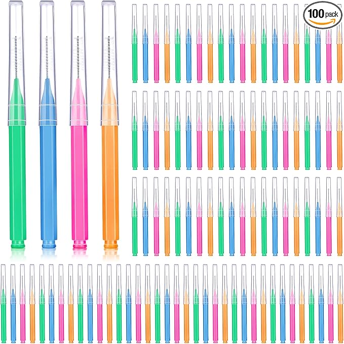 Patelai 100 Pieces Braces Brush for Cleaner Interdental Brush Toothpick Dental Tooth Flossing Head Oral Dental Hygiene Flosser Toothpick Cleaners Tooth Cleaning Tool(Bright Colors,Multiple Sizes)