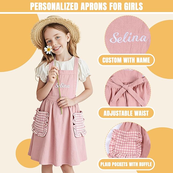 MT WORLD Girls Apron Personalized Linen Kids Aprons for Cooking Toddler Girls Cross Back Apron Pinafore for Baking Crafting