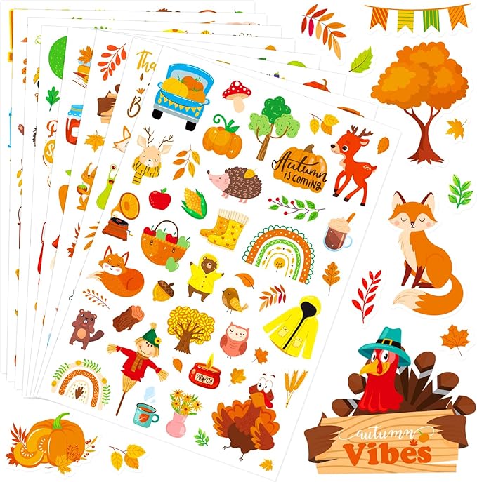 Fall Autumn Adhesive Stickers 990 Counts Woodland Pumpkin Stickers for Birthday Invitations Envelopes Decorations Party Goodie Gifts Bags Decor Water Bottle Decor Stickers