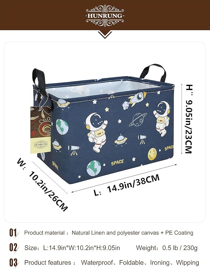 HUNRUNG Rectangle Storage Basket Cute Canvas Organizer Bin for Pet/Children Toys, Books, Clothes Perfect for Rooms/Playroom(Rec-Blue Space Astronaut)