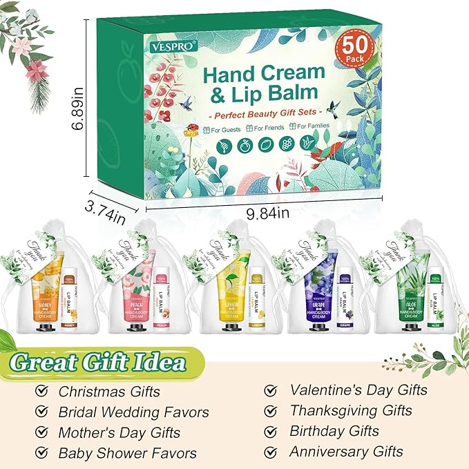50 Sets Hand Cream Bulk and Lip Balm Bulk Gifts, Stocking Stuffers for Women, Christmas Gifts, Bridesmaid Gifts for Guests with Thank Card Organza Bags, Wedding Favors, Thank You Gifts and Small Gifts