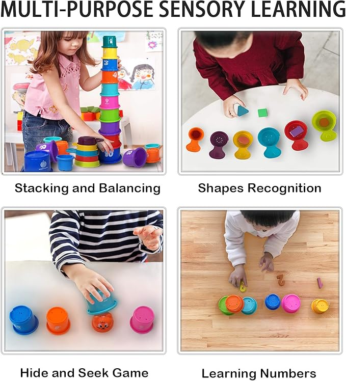 17 PCs Multicolor Nesting and Stacking Cups Set, Baby Bathtub Toys, Early Learning Educational Toys for Infants, Toddlers, Stacking Cups with The Numbers, Shapes, Fruits, Animals Patten