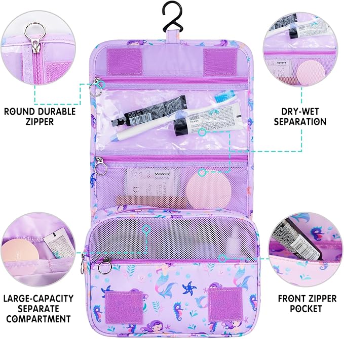Kids Hanging Toiletry Bag for Girls, Travel Toiletry Bag for Little Young Girls Cosmetic Makeup Waterproof Wash Bag Toddler Traveling Toiletries, Mermaid Purple
